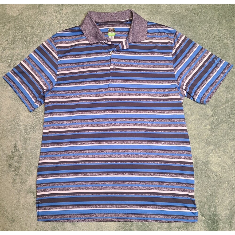 PGA Tour Pro Series Golf Shirt Men's Large Blue/Gray Striped Polo Athletic Fit